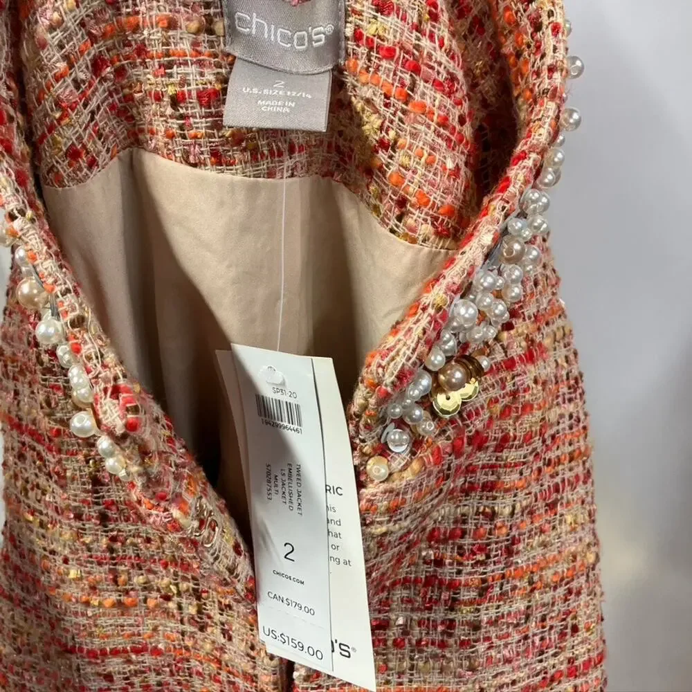 Chico's‎ Embellished Tweed Jacket Womens 12 Career Artsy Spring Career Preppy